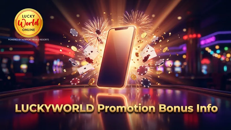 A glowing smartphone displays key LUCKYWORLD bonus details clearly.